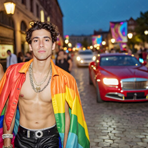 AI-generated Pride celebration art handsome men at vibrant LGBTQ+ Pride parades, embellished with rainbow colors, walking with pride, and celebrating love. By Jeff Dupler.