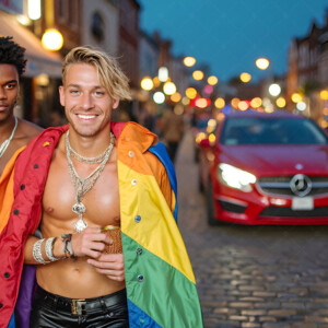 AI-generated Pride celebration art handsome men at vibrant LGBTQ+ Pride parades, embellished with rainbow colors, walking with pride, and celebrating love. By Jeff Dupler.