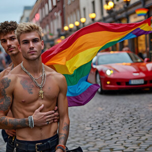 AI-generated Pride celebration art handsome men at vibrant LGBTQ+ Pride parades, embellished with rainbow colors, walking with pride, and celebrating love. By Jeff Dupler.