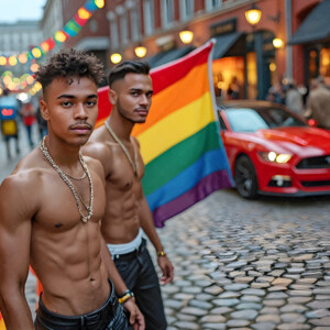 AI-generated Pride celebration art handsome men at vibrant LGBTQ+ Pride parades, embellished with rainbow colors, walking with pride, and celebrating love. By Jeff Dupler.