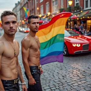 AI-generated Pride celebration art handsome men at vibrant LGBTQ+ Pride parades, embellished with rainbow colors, walking with pride, and celebrating love. By Jeff Dupler.