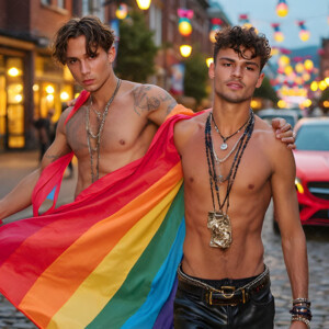 AI-generated Pride celebration art handsome men at vibrant LGBTQ+ Pride parades, embellished with rainbow colors, walking with pride, and celebrating love. By Jeff Dupler.