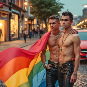 AI-generated Pride celebration art handsome men at vibrant LGBTQ+ Pride parades, embellished with rainbow colors, walking with pride, and celebrating love. By Jeff Dupler.
