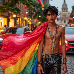 AI-generated Pride celebration art handsome men at vibrant LGBTQ+ Pride parades, embellished with rainbow colors, walking with pride, and celebrating love. By Jeff Dupler.
