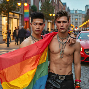 AI-generated Pride celebration art handsome men at vibrant LGBTQ+ Pride parades, embellished with rainbow colors, walking with pride, and celebrating love. By Jeff Dupler.