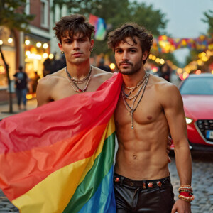 AI-generated Pride celebration art handsome men at vibrant LGBTQ+ Pride parades, embellished with rainbow colors, walking with pride, and celebrating love. By Jeff Dupler.