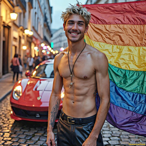 AI-generated Pride celebration art handsome men at vibrant LGBTQ+ Pride parades, embellished with rainbow colors, walking with pride, and celebrating love. By Jeff Dupler.