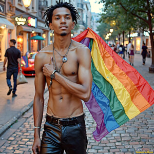 AI-generated Pride celebration art handsome men at vibrant LGBTQ+ Pride parades, embellished with rainbow colors, walking with pride, and celebrating love. By Jeff Dupler.
