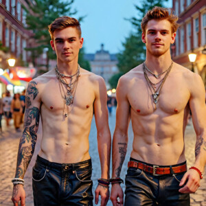 AI-generated Pride celebration art handsome men at vibrant LGBTQ+ Pride parades, embellished with rainbow colors, walking with pride, and celebrating love. By Jeff Dupler.