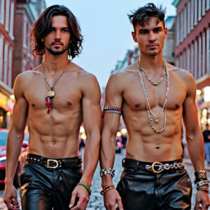 AI-generated Pride celebration art handsome men at vibrant LGBTQ+ Pride parades, embellished with rainbow colors, walking with pride, and celebrating love. By Jeff Dupler.
