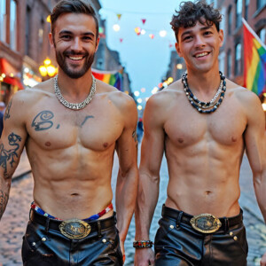 AI-generated Pride celebration art handsome men at vibrant LGBTQ+ Pride parades, embellished with rainbow colors, walking with pride, and celebrating love. By Jeff Dupler.