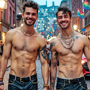 AI-generated Pride celebration art handsome men at vibrant LGBTQ+ Pride parades, embellished with rainbow colors, walking with pride, and celebrating love. By Jeff Dupler.