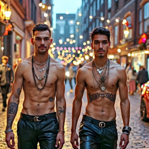 AI-generated Pride celebration art handsome men at vibrant LGBTQ+ Pride parades, embellished with rainbow colors, walking with pride, and celebrating love. By Jeff Dupler.