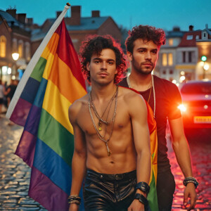 AI-generated Pride celebration art handsome men at vibrant LGBTQ+ Pride parades, embellished with rainbow colors, walking with pride, and celebrating love. By Jeff Dupler.