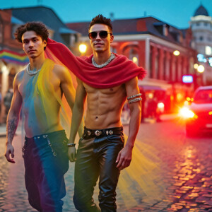 AI-generated Pride celebration art handsome men at vibrant LGBTQ+ Pride parades, embellished with rainbow colors, walking with pride, and celebrating love. By Jeff Dupler.