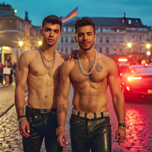 AI-generated Pride celebration art handsome men at vibrant LGBTQ+ Pride parades, embellished with rainbow colors, walking with pride, and celebrating love. By Jeff Dupler.