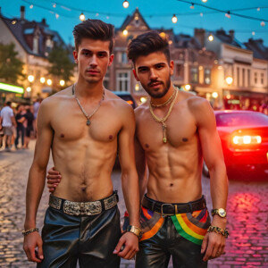 AI-generated Pride celebration art handsome men at vibrant LGBTQ+ Pride parades, embellished with rainbow colors, walking with pride, and celebrating love. By Jeff Dupler.