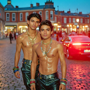AI-generated Pride celebration art handsome men at vibrant LGBTQ+ Pride parades, embellished with rainbow colors, walking with pride, and celebrating love. By Jeff Dupler.