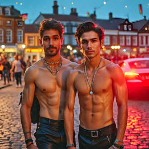 AI-generated Pride celebration art handsome men at vibrant LGBTQ+ Pride parades, embellished with rainbow colors, walking with pride, and celebrating love. By Jeff Dupler.