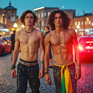 AI-generated Pride celebration art handsome men at vibrant LGBTQ+ Pride parades, embellished with rainbow colors, walking with pride, and celebrating love. By Jeff Dupler.