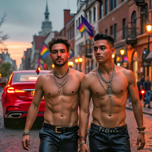 AI-generated Pride celebration art handsome men at vibrant LGBTQ+ Pride parades, embellished with rainbow colors, walking with pride, and celebrating love. By Jeff Dupler.