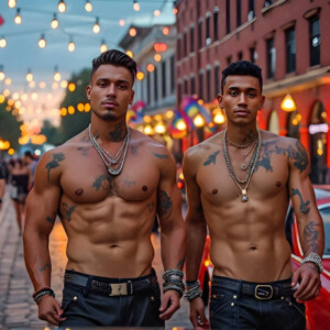 AI-generated Pride celebration art handsome men at vibrant LGBTQ+ Pride parades, embellished with rainbow colors, walking with pride, and celebrating love. By Jeff Dupler.