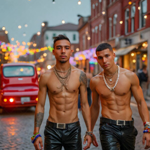 AI-generated Pride celebration art handsome men at vibrant LGBTQ+ Pride parades, embellished with rainbow colors, walking with pride, and celebrating love. By Jeff Dupler.