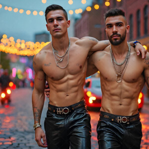 AI-generated Pride celebration art handsome men at vibrant LGBTQ+ Pride parades, embellished with rainbow colors, walking with pride, and celebrating love. By Jeff Dupler.