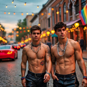 AI-generated Pride celebration art handsome men at vibrant LGBTQ+ Pride parades, embellished with rainbow colors, walking with pride, and celebrating love. By Jeff Dupler.
