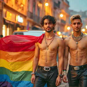 AI-generated Pride celebration art handsome men at vibrant LGBTQ+ Pride parades, embellished with rainbow colors, walking with pride, and celebrating love. By Jeff Dupler.