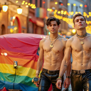 AI-generated Pride celebration art handsome men at vibrant LGBTQ+ Pride parades, embellished with rainbow colors, walking with pride, and celebrating love. By Jeff Dupler.