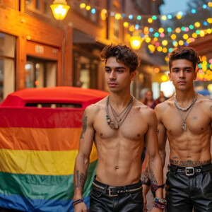 AI-generated Pride celebration art handsome men at vibrant LGBTQ+ Pride parades, embellished with rainbow colors, walking with pride, and celebrating love. By Jeff Dupler.
