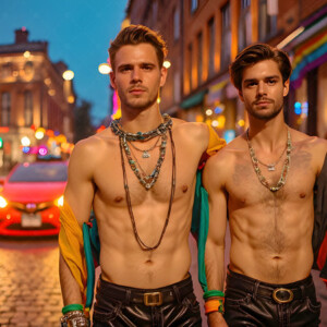 AI-generated Pride celebration art handsome men at vibrant LGBTQ+ Pride parades, embellished with rainbow colors, walking with pride, and celebrating love. By Jeff Dupler.