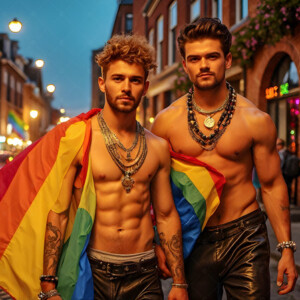 AI-generated Pride celebration art handsome men at vibrant LGBTQ+ Pride parades, embellished with rainbow colors, walking with pride, and celebrating love. By Jeff Dupler.