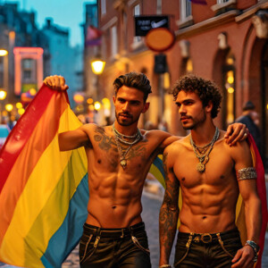 AI-generated Pride celebration art handsome men at vibrant LGBTQ+ Pride parades, embellished with rainbow colors, walking with pride, and celebrating love. By Jeff Dupler.