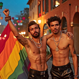 AI-generated Pride celebration art handsome men at vibrant LGBTQ+ Pride parades, embellished with rainbow colors, walking with pride, and celebrating love. By Jeff Dupler.