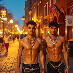 AI-generated Pride celebration art handsome men at vibrant LGBTQ+ Pride parades, embellished with rainbow colors, walking with pride, and celebrating love. By Jeff Dupler.