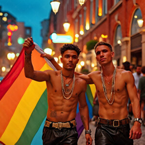 AI-generated Pride celebration art handsome men at vibrant LGBTQ+ Pride parades, embellished with rainbow colors, walking with pride, and celebrating love. By Jeff Dupler.