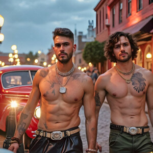 AI-generated Pride celebration art handsome men at vibrant LGBTQ+ Pride parades, embellished with rainbow colors, walking with pride, and celebrating love. By Jeff Dupler.