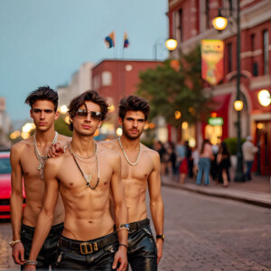 AI-generated Pride celebration art handsome men at vibrant LGBTQ+ Pride parades, embellished with rainbow colors, walking with pride, and celebrating love. By Jeff Dupler.