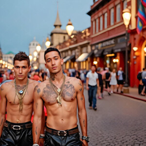 AI-generated Pride celebration art handsome men at vibrant LGBTQ+ Pride parades, embellished with rainbow colors, walking with pride, and celebrating love. By Jeff Dupler.