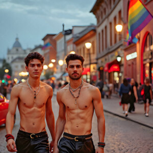 AI-generated Pride celebration art handsome men at vibrant LGBTQ+ Pride parades, embellished with rainbow colors, walking with pride, and celebrating love. By Jeff Dupler.