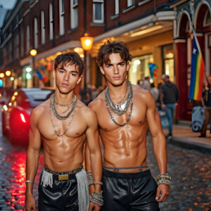 AI-generated Pride celebration art handsome men at vibrant LGBTQ+ Pride parades, embellished with rainbow colors, walking with pride, and celebrating love. By Jeff Dupler.