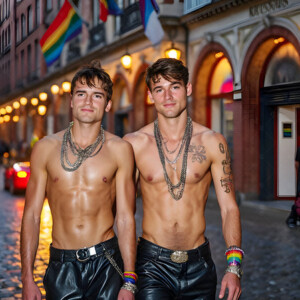 AI-generated Pride celebration art handsome men at vibrant LGBTQ+ Pride parades, embellished with rainbow colors, walking with pride, and celebrating love. By Jeff Dupler.