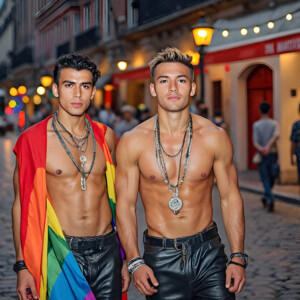AI-generated Pride celebration art handsome men at vibrant LGBTQ+ Pride parades, embellished with rainbow colors, walking with pride, and celebrating love. By Jeff Dupler.