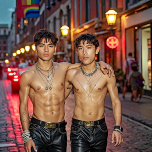 AI-generated Pride celebration art handsome men at vibrant LGBTQ+ Pride parades, embellished with rainbow colors, walking with pride, and celebrating love. By Jeff Dupler.