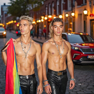 AI-generated Pride celebration art handsome men at vibrant LGBTQ+ Pride parades, embellished with rainbow colors, walking with pride, and celebrating love. By Jeff Dupler.