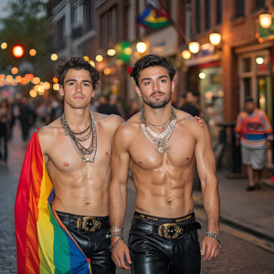 AI-generated Pride celebration art handsome men at vibrant LGBTQ+ Pride parades, embellished with rainbow colors, walking with pride, and celebrating love. By Jeff Dupler.