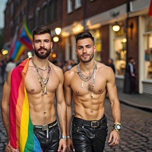 AI-generated Pride celebration art handsome men at vibrant LGBTQ+ Pride parades, embellished with rainbow colors, walking with pride, and celebrating love. By Jeff Dupler.