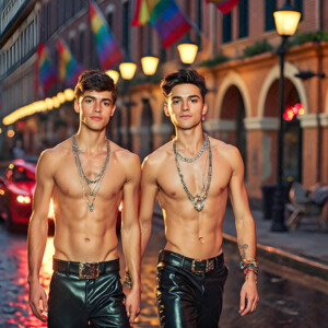 AI-generated Pride celebration art handsome men at vibrant LGBTQ+ Pride parades, embellished with rainbow colors, walking with pride, and celebrating love. By Jeff Dupler.